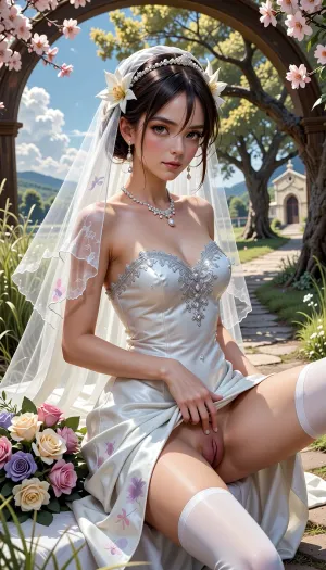 An anime-style, (isekai), illustration, crafted in the spirit of classic anime and showcasing a high level of artistic mastery. The image is a medium close-up, a young woman—a bride—sits beneath an arch of blossoming cherry trees. Her hair is adorned with delicate white lilies, and her pearl-studded veil flutters softly in the breeze. She wears a flowing, ivory-colored wedding gown made of silk and chiffon, the folds of the fabric resemble watercolor clouds, while the bodice is embroidered with silver threads that shimmer like dewdrops. Beside her lies a bouquet of pastel-colored roses—their petals catch the soft light, casting graceful shadows upon her dress. Vintage pearl earrings sway gently, glinting with every movement. The veil drapes over her shoulders, its translucent fabric revealing subtle, painterly brushstrokes in shades of pastel pink and lavender. With one hand, the bride lifts the hem of her gown, revealing her thighs, a smooth, hairless pubic area, and a detailed, anatomically accurate vulva—including the labia majora, labia minora, and clitoris. Her other hand rests upon her genitals, she caresses her clitoris, with two fingers inserted deep into her vagina—she is masturbating. Her wide, luminous eyes—reminiscent of characters from Studio Ghibli—are filled with joy and the quiet anticipation of an orgasm. A faint, subtle smile plays upon her lips. Surrounding her are tall grasses, wildflowers, and a stone path leading toward a chapel in the distance. In the midground, an old oak tree rises, its branches framing the scene, with foliage painted in warm green and golden tones. In the background, hills stretch out beneath a pale blue sky, where fluffy clouds—rendered with soft, watercolor-like brushstrokes—evoke the feeling of early morning. The lighting suggests the sun at dawn, partially veiled by a light haze, everything is bathed in a warm, golden glow that caresses the bride’s skin and outlines the foliage with a soft, luminous contour. The composition follows the rule of thirds, the bride is positioned slightly off-center, while an archway and a stone path guide the eye toward a distant chapel, creating a natural leading line. A shallow depth of field transforms the background into a soft, "creamy" bokeh, reminiscent of flowing watercolor paint. The arrangement of elements creates a harmonious composition, with a color palette curated to ensure that every hue contributes to a cohesive and striking visual sequence. Smooth, gentle gradients contrast with areas of intricate, detailed texture. An incredible level of care is evident in every brushstroke and detail—it is a masterfully crafted piece that showcases exceptional artistic talent. Anime style, expressive composition, dynamic pose, iconic visual imagery, vibrant colors, studio-quality anime aesthetic, high level of detail, cel-shading technique, large expressive eyes, and stylized hairstyles.