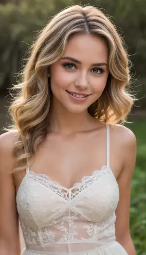 Create a, ((upper-body close up portrait of a 18 years young Californian woman—born on May 28, 1985, in Malibu—who is 41 years old today. She is wearing a white, sheer, delicate, airy, chiffon mini sundress with delicate lace embroidery and a very deep pluning V-neckline and a breathtakingly cleavage. She is a singer-songwriter known for tracks such as "Bubble, " "Falling for You, " "Brighter Than the Sun, " "You Got Me, " "I Do, " "Try, " "Lucky, " and "I Never Told You." She has a soft, slightly oval—ranging from elongated to heart-shaped—face with harmonious, friendly symmetry and contours. Her eyes are hazel to light brown, featuring subtle green-gold facets, they are distinctively almond-shaped. Her nose is relatively narrow, straight, and even, tapering to a slightly rounded tip. She has a wide smile. Her lips are full and evenly curved, with the lower lip appearing slightly fuller than the upper one. Her cheekbones are softly defined. When she smiles, prominent, round "apple cheeks" emerge, giving her a very youthful appearance. Her ears are medium-sized, well-proportioned, and lie flat against the sides of her head. She has a smooth, average-height forehead. Her face is framed by a center part. Her hair is naturally dark blonde with light blonde highlights in shades of honey, champagne, and ash blonde, or styled with an ombre effect, the texture is fine to medium, with soft waves and light curls. Naturally, she has rather light, fine, straight eyebrows. Her mouth is well-proportioned with full lips, and she displays a wide, warm, natural smile. She has high, gently curved cheekbones that lend her face a youthful freshness, especially when she smiles. Her forehead is smooth and of medium height. As a small, distinctive feature, she has a small, narrow, elongated, natural, skin-colored birthmark on her forehead, centered above her nose and eyebrows.))
