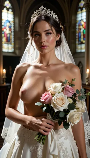 Shot with a high-end Leica Noctilux-M 85mm f/1.2 prime lens at wide-open aperture, hyperrealistic waist-up medium fine-art portrait capturing the bride from head down to her waistline, raw camera fidelity, unretouched natural skin texture displaying fine pores, subtle skin grain, soft vellus hairs, and delicate natural flush, dramatic romantic chiaroscuro lighting, masterwork composition, 8K resolution.

A breathtakingly beautiful bride on her wedding day, framed in a romantic waist-up fine-art nude portrait inside the sacred, serene atmosphere of a medieval Gothic cathedral. Her face, completely bare chest, exposed torso, and hands are illuminated by a radiant beam of soft, cinematic morning sunlight filtering through ancient stained glass windows, casting ethereal, whisper-soft rose, gold, and amber highlights across her bare skin.

Her facial anatomy and features are captured with flawless clarity, a perfectly balanced symmetrical oval face, high softly sculpted cheekbones touched by a gentle peach blush, luminous dew-kissed skin texture, and large almond-shaped hazel eyes framed by dark fluttery eyelashes. Her eyelids feature iridescent pearl eyeshadow with a satin finish, leading down to a fine straight nose and full, supple lips with dusty-pink satin lipstick emphasizing her delicate cupid's bow.

Her hair is styled into a soft, sophisticated low chignon with loose waves kissing her jawline. She wears a magnificent white gold tiara intricately wrought with filigree scrollwork and encrusted with brilliant-cut micro-diamonds and pearls, with a sheer Chantilly lace cathedral veil draped gracefully behind her back.

Fine-art composition and posing, she is completely topless on her upper body, wearing an opulent high-waisted haute couture bridal skirt crafted from rich ivory silk organza and embellished with delicate lace appliqués. She holds a lavish, hand-tied artisanal bouquet of white peonies, dusty-pink garden roses, and eucalyptus tilted gracefully across her chest, strategically concealing one breast with the lush floral petals while leaving her bare torso, collarbones, and the other natural breast completely exposed in elegant chiaroscuro shadows.

The background dissolves into a smooth, creamy bokeh showing the majestic carved stone pillars of the cathedral, glowing candlelight from flickering votive candles, and towering vaulted arches. Perfect color grading, high-contrast chiaroscuro, uncompromised raw photograph fidelity.