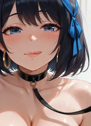Sexy female, solo, (Ruka Sarashina from Rent a Girlfriend, short black hair, hair ribbon, bob cut:1.2), mature supermodel with pointy high-nose, smooth skin, (big detailed eyes), (small mouth, plump lips, licking her lips, sensual), face portrait, soft smile, kissing lips, blush, (cleavage), (black choker, detailed black leash, wide golden hoop earrings), simple white background