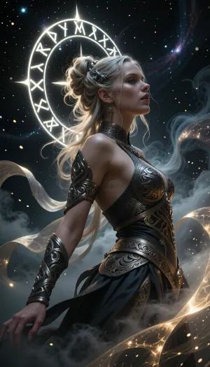 [KTA], (Dark Fantasy Artwork), luminous shadow, artistic, low angle, side view, body, 40 yo, belle caucasian female, elaborate hairstyle, intricate clothing, ancient circular runic emblem, glowing white runes, inscribed on a mystical dark celestial background, floating in a cosmic void, surrounded by swirling ethereal nebula clouds and light dust particles, soft volumetric lighting, mysterious atmosphere, germanic mythology aesthetic, intricate runic carvings, glowing white light, dark mood, deep shadows, high contrast, ethereal, mystery, mystical fog, gleaming ghostly gold, epically atmospheric fog, ribbons, natural beauty, [KlTTY-ART]