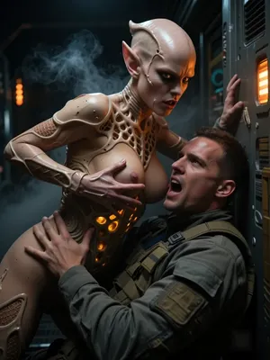 A photorealistic, cinematic scene inside a half-destroyed spaceship that has arrived from another galaxy. In a cramped metal corridor with emergency lighting and billowing steam, an energy vampire from another galaxy attacks a member of the Earthling research team.
The alien is a bald humanoid woman with prominent veins on her bald head, pointed ears, glowing bright-yellow eyes, and an aggressively open mouth. Her skin is glossy and damp, She wears a biomechanical suit with lattice-like structures and glowing orange implants, leaving her chest exposed. She looms over the man, her long-fingered hand with glossy skin rests firmly on his chest armor plate, sucking out his life energy.
The Earthling—a young man in an olive-green tactical uniform with an armored chest plate—lies on the floor, his head thrown back, his mouth wide open in a scream of pain, his expression one of shock and horror at the unexpected attack. Atmosphere, cold metal panels, flashing orange and white emergency lights, wisps of steam, dramatic three-dimensional lighting, strong contrast, a sense of danger and horror. Ultra-detailed rendering of skin, metal, the structures of the alien’s biomechanical armor, and facial expressions. Cinematic angle, tense dynamics, sci-fi horror, masterful quality.