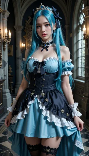 Gorgeous 18 year old Korean goth princess, girl, slender body, cute, innocent facial features, pale porcelain skin, very large innocent bright eyes, very long knee length thick glossy neon blue hair, wearing a victorian princess dress, Covering your entire body. Choker, heavy makeup, standing, posing sensuality in the halls of a gothic castle