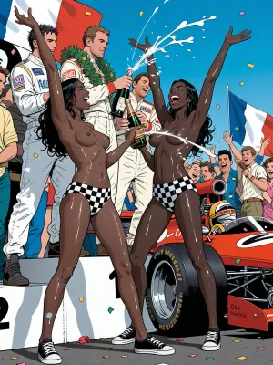 Jean Graton art style, 1960s Franco-Belgian bande dessinée illustration, Michel Vaillant comic book style. Depicting a scene at the winner's celebration after the French Grand Prix at Paul Ricard during the 1969 season. The jubilant winners, all dressed in racing overalls, stand on the podium shaking magnum bottles of champagne and spray the champagne all over two ultra black skin grid girl who stands at the bottom of the podium, long dark wavy hair, laughing, raising her hands high in the air, black and white checkered hot pants, white canvas shoes. She is wearing no shirt, medium tits, wet body, wet hair. There are many cheering fans around and confetti is in the air. A race car is parked nearby. Winner is wearing a wreath over his shoulders.

Precise clean lines, clear line art, flat colors with subtle vintage halftone shading. Dynamic motion blurs and classic speed lines on a vintage Formula 1 race car. Cinematic angle, sharp focus, authentic mid-century European comic aesthetic, masterpiece, highly detailed.