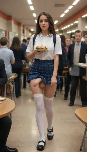 Beautiful, 26 year old, super big thick swollen enormously oversized veiny super long penis futanari in a crowded school cafeteria, standing in the busy cafeteria holding a lunch tray with food, in view of her classmates, her classmates looking at her, stockings, ryanair, super uber big low hanging veiny penis, large heavy low hanging testicles, students walking to class in the background, cum overflowing, cumshot, cum explosion, cum dripping, cum covered, upskirt, short mini skirt, perfect beautiful face, pretty model face, long eyelashes, luscious lips, freckles, blushing cheeks, petite body, long hair, braless, carrying a backpack, Wearing, clothes, that, make, sense, with, Braless>, shocked and embarrassed facial expression, nonplussed, Object, gd, erection, sex, toy, penis, large, <lora:bralessSDXL_v1_00022:2>, <lora:shocked:1.1>, <lora:Penis_XL:2>, <lora:futanari_XL:2>