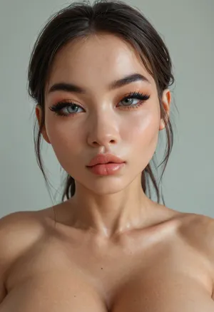ULTRA-REAL, hot asian woman, a softly rounded oval face, fair skin with noticeable freckles across the cheeks and nose, thin painted eyebrows, ((large almond-shaped grey eyes)), (dark pointed eyeliner), (thick long fake lashes), straight dark bangs framing the forehead, (((very small slightly upturned nose:1.4))), full pouty glossy lips, (massive surgeon enhanced breasts), thin waist, wide hips, thigh gap, strong thighs, <lora:detailed_notrigger:.8>, 4ng3l, face, <lora:SDXL_BetterFaces-LoRA_v1:.8>, bmbplora, <lora:bimboxl_02:.8>