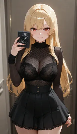 A young blonde model with styled hair wears a sheer black long-sleeved mesh top over a black lace bra, paired with a high-waisted black mini-skirt with side ruching. She stands in a posed manner against a plain grey studio backdrop, looking confidently at the camera.