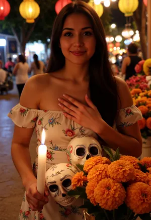 A stunningly beautiful Mexican woman with smooth, warm-toned skin and long, flawless eyelashes is captured from the waist up in an elegant three-quarter view. She wears a traditional, festive, off-the-shoulder Mexican dress adorned with a vibrant floral pattern, and holds a lit wax candle in her hands. Beside her stands a radiant Day of the Dead altar, (*ofrenda*), decorated with an abundance of orange marigolds, (*cempasúchil*), skulls, (*calaveras*), and burning candles. In the blurred background, a festive Mexican street at night is visible, draped with traditional intricate paper banners, (*papel picado*), the silhouettes of people in costumes and sombreros—reminiscent of the attire worn by mariachi musicians—can also be discerned. The scene features cinematic, celebratory lighting, high resolution, and an artistic style evocative of the Romantic era.