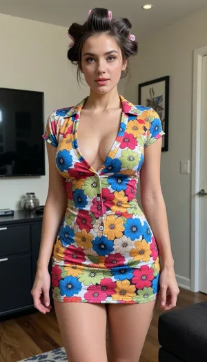 hyper realistic medium full shot framed from the knees upwards of a beautiful 27 year old housewife, more slender slim body with subtle natural curves, hair rollers in her hair, wearing a very tight colorful button-front mini dress with deep V neckline in bright vibrant floral colors, standing in a modern home interior, natural lighting, high detail, 8k