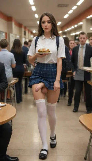 Beautiful, 26 year old, super big thick swollen enormously oversized veiny super long penis futanari in a crowded school cafeteria, standing in the busy cafeteria holding a lunch tray with food, in view of her classmates, her classmates looking at her, stockings, ryanair, super uber big low hanging veiny penis, large heavy low hanging testicles, students walking to class in the background, cum overflowing, cumshot, cum explosion, cum dripping, cum covered, upskirt, short mini skirt, perfect beautiful face, pretty model face, long eyelashes, luscious lips, freckles, blushing cheeks, petite body, long hair, braless, carrying a backpack, Wearing, clothes, that, make, sense, with, Braless>, shocked and embarrassed facial expression, nonplussed, Object, gd, erection, sex, toy, penis, large, <lora:bralessSDXL_v1_00022:2>, <lora:shocked:1.1>, <lora:Penis_XL:2>, <lora:futanari_XL:2>