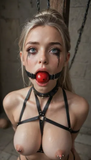Beautiful swedish girl, 19 years old, slim body, platinum blonde hair in ponytail, big round eyes, eye contact, (oiled skin), (ruined makeup), red welts, nipple ring piercing, (ball gagged:1.5), big breasts, very slim waist, collar, in pain, screaming, bondage straps, suspended, chained, in bdsm dungeon, high angle shot, green, eyes, blue, brown, perfecteyes, L1NAL1S, <lora:PerfectEyesXL:.8>, <lora:L1NAL1S_last:2>