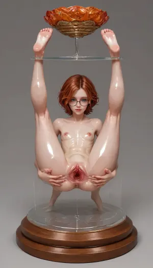 ((full body view, spreading legs, nude body, wide hips, (skinny:1.5), on my knees, (shiny skin:1.3), (belly bulge:1.1), ginger hair, glasses, (white skin:1.3), high quality fantasy art of a beautiful famboy made of transparent glass, glowing within, delicate figurine, adorable)), 20 year old girl, best quality, photorealism, masterpiece, chested, Ultra detailed RAW color photography, highly detailed, high level of detail, (skinny:1.5), small waist, small hips, tiny ass, round tits, ((perfect fingers, perfect hands, perfect skin)), ((hyper gaping pussy, hyper gaping vagina, maigre, musclé, seins visibles, pussy visibles, big clitoris visibles, seins nus, HDR pussy, hyper spread pussy, (doing standing gymnastics), , , hyper pussy juice dripping, focus pussy:1.2)), (perfect adult body proportions), Real, photorealistic, hi-detaild, 8k, pussy dripping, pussy dripping semen, (spread pussy:1.5), hi-detailed pussy, perfect pussy, <lora:detailed_notrigger:2>