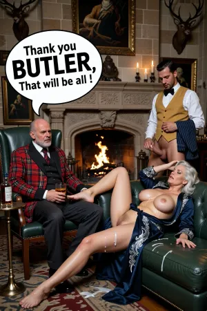 Hyper-realistic masterpiece, 8k UHD, highly detailed, sharp focus, raw photo, candid shot, Scottish baronial hall, huge stone fireplace with roaring fire. Paintings and stuffed Stags head trophies on the walls. On left side of the fire is the Lord of the Manor, 60s bald, bearded, in a red and black tartan smoking jacket, dark trousers. Sitting in a high backed green leather chair drinking a large whiskey. Whiskey bottle on a tall thin side table beside him. On the other side of the fire the Lady of the Manor lies flat on her back on a green leather sofa, 60s, plus-sized, silver hair, massive boobs, hairy pussy, naked under her open midnight blue with silver embroidery dressing gown, she is stretched out with one hand on her forehead, one leg on the sofa the other foot touching the floor, covered in cum, semen dripping from her pussy and sofa onto to the floor. Massive cum covered tits exposed. The dark haired butler stands behind the sofa, her hair was wears a white shirt, black bow tie, mustard coloured waistcoat, he is naked from the waist down, he is stroking his thick veiny erect cock dripping cum. He carries his pin striped trousers neatly folded over his arm. Big Speech bubble left side “Thank you BUTLER, That will be all ! “ medium font.
Firelight and candles on the stone mantelpiece are the only light sources, dark shadows