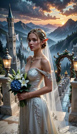 The scene centers on a radiant bride standing on a marble balcony of an elven palace. She wears a flowing gown of ivory silk embroidered with silver thread that catches the waning sun, the fabric shimmering like water. Her hair is braided with delicate vines and tiny emerald leaves, and a crown of woven gold and white blossoms rests lightly on her head, reflecting the warm golden hour light. Her eyes are soft and hopeful, a faint smile playing on her lips as she looks toward the distant mountains, feeling both reverence and anticipation for the vows she is about to speak. In the foreground, she holds a bouquet of white lilies and deep blue hydrangeas, the petals glistening with dew, while a translucent veil trails behind her, catching a gentle breeze that creates a subtle ripple. A pair of ancient silver lanterns flank her, their glass panels catching the sun and casting delicate patterns onto the stone steps. The middle ground reveals towering white stone elven towers rising from mist‑shrouded peaks, their spires adorned with silver banners that flutter softly, and a procession of cloaked attendants moves along a marble aisle toward a ceremonial arch made of intertwined oak and emerald vines. The background stretches into a vast valley blanketed by a soft blue haze, where the sky burns in jewel‑tone hues of deep sapphire and amber, and distant peaks glimmer with hints of gold. Warm golden‑hour lighting bathes the scene, creating a gentle rim of light around the bride’s silhouette and causing the gold accents on her jewelry to sparkle like fireflies. Fine particles of mist catch the light, adding a subtle sparkle that enhances the dreamlike atmosphere, while a faint scent of pine and fresh blossoms seems to linger in the air. The composition is a wide shot framed by the rule of thirds, with the bride positioned slightly off‑center, and the lines of the marble balcony and the towering arches leading the eye toward her. The camera is imagined as an 85mm f/1.4 lens, producing a shallow depth of field that keeps the bride sharply in focus while rendering the distant towers in a soft, painterly bokeh, and the image bears the polished finish of a high‑resolution digital concept art piece. The overall mood is dramatic yet tender, inviting the viewer to share in the awe and emotional intensity of this enchanted wedding moment.Middle and background with a slight bokeh effect. Medium close-up.