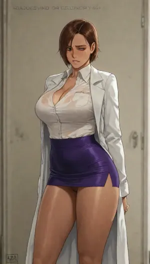 Lisa Hamilton from doa video game series, sweating, crying, wet body, scientist lab coat, purple thigh mini skirt, ultra detailed outfit, she's crying, tears, she's suffering, teeth clenched, she's terrified, high resolution, uncensored, hyper-detailed outfit, Oda non style and azasuke wind art style, oda_non art style and azasuke_wind art style, standing, side view, <lora:add-detail-xl:2>, <lora:shinkiro_XL_v2:2>, <lora:style61-a31-000015:2>