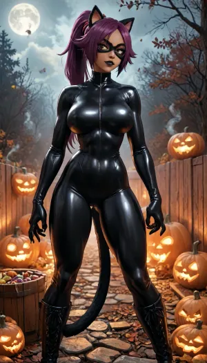 (innv meets jack cayless style), (reiq style, masterpiece, cel-shaded, limited color palette), ((((beautiful muscular Yoruichi Shihōini from bleach body:1.7)))), (1girl, solo, alone, 24 year old woman), ((big curves body)), ((black tanned skin:1.9)), (gorgeous, seductive face, dark makeup, black lipstick, perfect ads, big large breast, muscles body, muscles arms, perfect hands, muscles legs, big large ass, sweaty body), (((furry fur fake black cat ears:1.5), (wearing leather Catwoman eye mask), (furry sexy tight leather Catwoman bodysuit whit cat tail costume:1.4), (Elbow Length leather cat claw gloves:1.3), (furry Black leather Patent Over the Knee Boots for Women))), (right hand holding a long leather whips), (Standing doing trick or treat pose), (Halloween Candy, ghost, jack o lanterns pumpkins, candy, blood, moon, steam, woods, smoke, sauna background), ultraviolet light, LoL, Style, cute, doodle, shihouin, yoruichi, <lora:LCMTurboMix_Euler_A_fix:2>, <lora:FF-Halloween-Full:2>, <lora:cutedoodle_XL-000012:2>, <lora:yoruichi-000001:2>