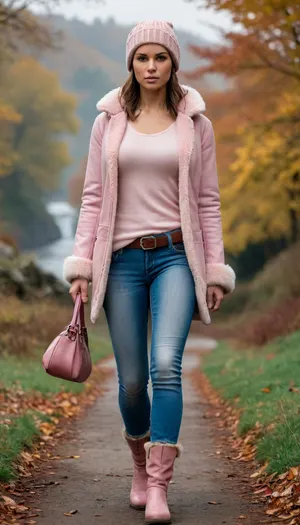 Lara Croft is wearing light blue jeans, a light pink sweater, and a sheepskin coat, she has a warm hat, a lovely handbag, and autumn boots—she is a very beautiful and elegant heroine.