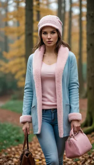 Lara Croft is wearing light blue jeans, a light pink sweater, and a sheepskin coat, she has a warm hat, a lovely handbag, and autumn boots—she is a very beautiful and elegant heroine.