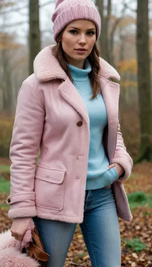 Lara Croft is wearing light blue jeans, a light pink sweater, and a sheepskin coat, she has a warm hat, a lovely handbag, and autumn boots—she is a very beautiful and elegant heroine.