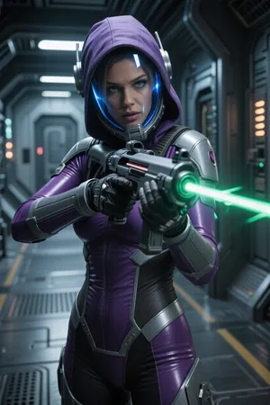Female Quarian from Mass Effect Game. She is wearing her skin tight form fitting pruple and grey Quarian Envirosuit and its helmet under a hood. You can see the sillouette of her eyes and humanoid face clearly through the glass of the helmet. Her iris's have a dim blue glowing effect seen through the glass of the hemet. Full body image
She is in a wide hallway of a high tech advanced starship. She is aiming down the sights of a smooth laser rifle. A green laser blast directed towards the viewer. The scene is full of action., cinematic shot, dynamic lighting, 75mm, Technicolor, Panavision, cinemascope, sharp focus, fine details, 8k, HDR, realism, realistic, key visual, film still, cinematic color grading, depth of field.