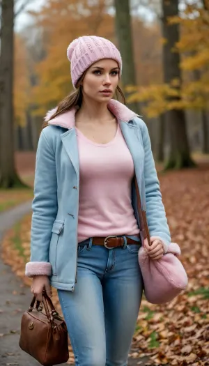 Lara Croft is wearing light blue jeans, a light pink sweater, and a sheepskin coat, she has a warm hat, a lovely handbag, and autumn boots—she is a very beautiful and elegant heroine.