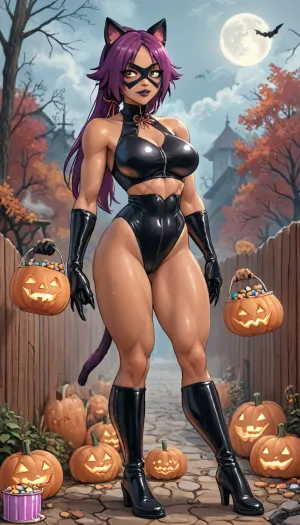 (innv meets jack cayless style), (reiq style, masterpiece, cel-shaded, limited color palette), ((((beautiful muscular Yoruichi Shihōini from bleach body:1.7)))), (1girl, solo, alone, 24 year old woman), ((big curves body)), ((black tanned skin:1.9)), (gorgeous, seductive face, dark makeup, black lipstick, perfect ads, big large breast, muscles body, muscles arms, perfect hands, muscles legs, big large ass, sweaty body), (((furry fur fake black cat ears:1.5), (wearing leather Catwoman mask), (furry sexy tight crisscross stitch together leather pieces Catwoman underwear catsuit with a fake cats tail costume:1.4), (Elbow Length leather cat gloves:1.3), (furry Black leather Patent Over the Knee Boots))), (((walking trick or treat with her right hands holding Halloween Candy bucket:1.8))), (Halloween Candy, ghost, jack o lanterns pumpkins, candy, blood, moon, steam, woods, smoke, sauna background), ultraviolet light, LoL, Style, cute, doodle, shihouin, yoruichi, <lora:LCMTurboMix_Euler_A_fix:2>, <lora:FF-Halloween-Full:2>, <lora:cutedoodle_XL-000012:2>, <lora:yoruichi-000001:2>, <lora:cartoon_stickers_xl_v1:2>