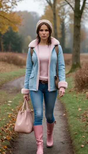 Lara Croft is wearing light blue jeans, a light pink sweater, and a sheepskin coat, she has a warm hat, a lovely handbag, and autumn boots—she is a very beautiful and elegant heroine.