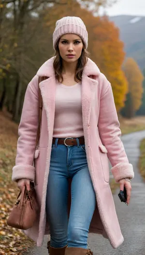 Lara Croft is wearing light blue jeans, a light pink sweater, and a sheepskin coat, she has a warm hat, a lovely handbag, and autumn boots—she is a very beautiful and elegant heroine.