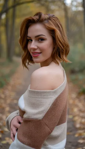 Candid snapshot of a self-conscious mid-twenties woman posing shyly as she stands along an idyllic autumn forest path with her hand on her hip.

She wears a stylish sweater, in neutral earthy-tones, slipping off one shoulder.

Her thick bobcut hair is styled in voluminous textured layers with a sultry copper-auburn hair color in a chic swept-back look.

Cheeks flushed as she blushes prettily, her luscious soft lips quirked in a sheepish lopsided grin revealing her adorable overbite, side-eye glance as she looks away bashfully. The photo is an amateur showcase of a handsome girl-next-door esthetic creating non-conventional beauty and charm. Natural skin complexion and hair texture in an unprocessed RAW photo.