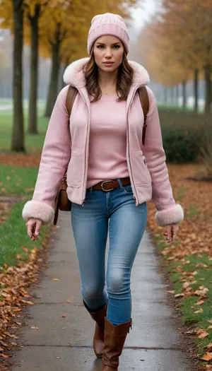 Lara Croft is wearing light blue jeans, a light pink sweater, and a sheepskin coat, she has a warm hat, a lovely handbag, and autumn boots—she is a very beautiful and elegant heroine.