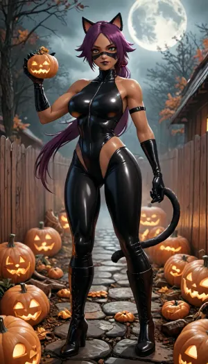 (innv meets jack cayless style), (reiq style, masterpiece, cel-shaded, limited color palette), ((((beautiful muscular Yoruichi Shihōini from bleach body:1.7)))), (1girl, solo, alone, 24 year old woman), ((big curves body)), ((black tanned skin:1.9)), (gorgeous, seductive face, dark makeup, black lipstick, perfect ads, big large breast, muscles body, muscles arms, perfect hands, muscles legs, big large ass, sweaty body), (((furry fur fake black cat ears:1.5), (wearing leather Catwoman eye mask), (furry sexy tight leather Catwoman bodysuit whit cat tail costume:1.4), (Elbow Length leather cat claw gloves:1.3), (furry Black leather Patent Over the Knee Boots for Women))), (right hand holding a long leather whips), (Standing doing trick or treat pose), (Halloween Candy, ghost, jack o lanterns pumpkins, candy, blood, moon, steam, woods, smoke, sauna background), ultraviolet light, LoL, Style, cute, doodle, shihouin, yoruichi, <lora:LCMTurboMix_Euler_A_fix:2>, <lora:FF-Halloween-Full:2>, <lora:cutedoodle_XL-000012:2>, <lora:yoruichi-000001:2>