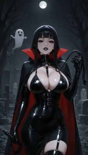 1girl, wednesday, Adams's family, long hair with long locks, black hair, pale white skin, black lips, black eyes, vampire, vampire teeth, blunt bangs, sideboob, black clothes, black and red cape, black dress, deep cleavage, dominatrix, bondage outfit, whip, holding whip, latex gloves, latex corset, latex panties, graveyard, cemetery, ghost, full moon, mystic, halloween ambiance, walking to viewer, w3dn3sd4y, <lora:Wednesday-Jenna SDXL1.0:.8>, cowboy shot