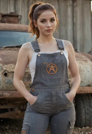 beautiful 25yo, woman in her mechanics overalls, with company logo, leaning up against a vehicle. Steampunk vibe she has dirt on her, grease smudges. Auburn hair ponytail. illuminated by sunset light. Small unsupported upturned conical breast. Fully clothed. Partially unbuttoned. Extreme closeup view., freckles, Ana, de, Armas, <lora:Wall_XL:1.1>, <lora:SdXL_better freckles_epoch_16:.8>, <lora:Realistic_Clouds_v1:1.9>, <lora:EnvyThiccXL02:1.5>, <lora:ana_xl_8x8-000025:1.8>