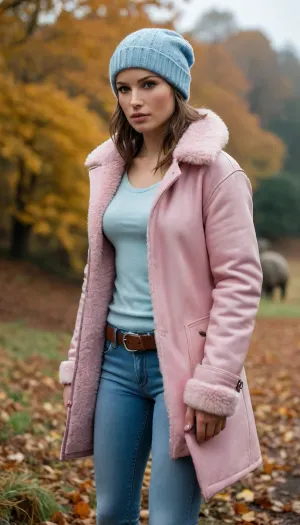 Lara Croft is wearing light blue jeans, a light pink sweater, and a sheepskin coat, she has a warm hat, a lovely handbag, and autumn boots—she is a very beautiful and elegant heroine.