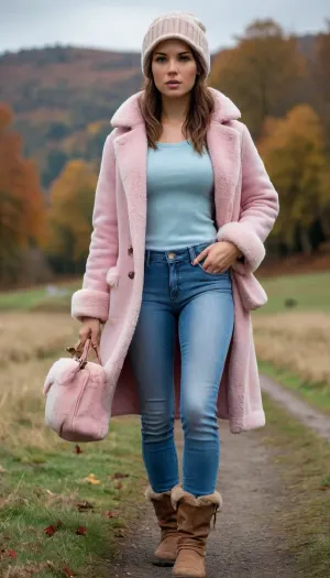 Lara Croft is wearing light blue jeans, a light pink sweater, and a sheepskin coat, she has a warm hat, a lovely handbag, and autumn boots—she is a very beautiful and elegant heroine.