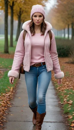 Lara Croft is wearing light blue jeans, a light pink sweater, and a sheepskin coat, she has a warm hat, a lovely handbag, and autumn boots—she is a very beautiful and elegant heroine.