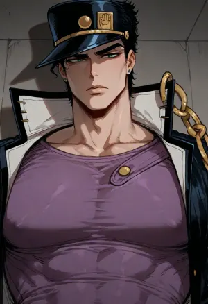 (Ratatatat74), (Jotaro Kujo, Jojo's Bizarre Adventure), solo, looking at viewer, <lora:ratatatat74-000050:2>