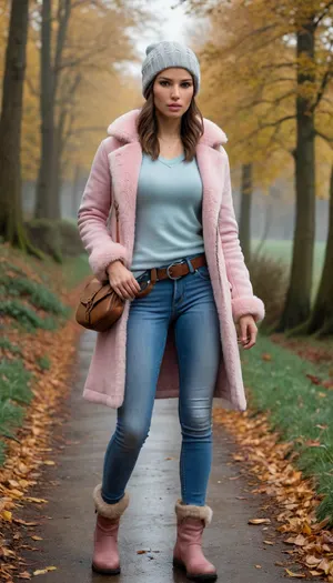 Lara Croft is wearing light blue jeans, a light pink sweater, and a sheepskin coat, she has a warm hat, a lovely handbag, and autumn boots—she is a very beautiful and elegant heroine.