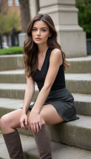 A realistic outdoor fashion photograph of a young woman with long straight dark brown hair seated on a sunlit stone ledge in an urban plaza. She is positioned slightly right of center, her body angled toward the left side of the frame in a relaxed three-quarter profile, her head tilted down and turned to her right so her face is seen in profile with eyes lowered in a calm, contemplative expression. Her skin is fair with a warm golden tone, her lips are painted a soft matte red-pink, and her long hair falls over her shoulders and down her back in a smooth glossy sweep with a few loose strands catching the light. She wears a fitted deep black short-sleeved top with a plunging V neckline, tucked into a very short high-waisted beige ruffled skort with a flared, softly draped ruffle hem that fans out around her hips against the stone. Her legs are long and bare, stretched horizontally across the frame from right to left, and she wears tall dark charcoal-grey suede over-the-knee boots with a chunky high block heel, the lower boot crosses in front, angled down toward the lower-left corner of the image with the toe lifted slightly, while the upper boot extends back behind her, and a thin vertical zipper detail is visible along the inner shaft of the front boot. Her right arm extends back and down behind her hip, hand resting flat on the stone edge with fingers outstretched, and she wears a slim rose-gold-toned bracelet and watch on that wrist, her nails tipped in bright pink polish. Her left arm is mostly hidden behind her body.

She sits on a broad light grey-beige stone step or retaining wall made of large smooth blocks, with narrow dark seams between the slabs and small tufts of green moss and grass sprouting in the crevices along the edge. The paving in the foreground is pale warm grey. Behind her, softly out of focus, is a light cream-colored building facade with a grid of dark rectangular windows, a stone balustrade with classical spindle railing, and blurred green foliage from trees above. The background is heavily defocused with shallow depth of field, rendering the architecture and trees as soft creamy bokeh. Light comes from the upper right as warm, diffuse late-afternoon sunlight, creating gentle highlights along her hair, shoulder, and the top of her thigh, with soft wrap-around shadow and no harsh contrast. The color grading is warm, clean and slightly desaturated in the background with high clarity on the subject, giving an editorial fashion look. Shot at a moderate telephoto focal length around 85mm with a wide aperture near f/2 to isolate her from the background, eye-level camera angle, full-body composition with generous negative space above and to the left. Highly detailed, sharp, polished professional fashion photography, 8K quality, natural warm daylight mood, elegant and serene atmosphere.