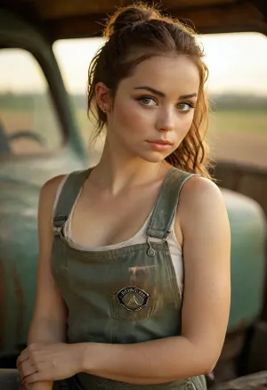 beautiful 25yo, woman in her mechanics overalls, with company logo, t-shirt, leaning up against a vehicle. Steampunk vibe she has dirt on her, grease smudges. Auburn hair ponytail. Sitting in an on an old recovered car seat looking bored, ([piercing green eyes], , ), She has direct eye contact with the camera lens, illuminated by sunset light. Small unsupported upturned conical breast. Fully clothed. Partially unbuttoned. Extreme closeup view., Ana, de, Armas, green, eyes, blue, brown, perfecteyes, <lora:Realistic_Clouds_v1:1.9>, <lora:EnvyThiccXL02:1.5>, <lora:ana_xl_8x8-000025:1.8>, <lora:PerfectEyesXL:.8>, <lora:MJ52:.8>