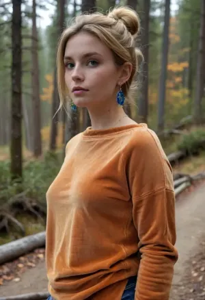(masterpiece, best quality:1.2), 1 35yo woman, famous tourism influencer, (she wears a dark apricot colored baggy velvet wide boat neck sweater and blue jeans:1.4), on a hiking trip near a forester's lodge, long blonde high bun hair, (styled with jewelry, earrings and watch:1.4), bright blue eyes, photorealism, lal3xis, brown, hair, eyes, <lora:style_lora_realis:.5>, <lora:Lauren_Alexis-000009:.5>