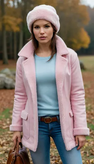 Lara Croft is wearing light blue jeans, a light pink sweater, and a sheepskin coat, she has a warm hat, a lovely handbag, and autumn boots—she is a very beautiful and elegant heroine.