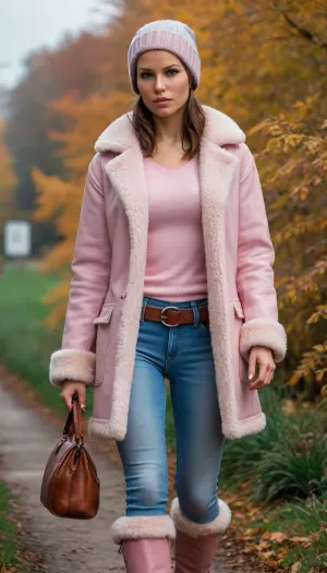 Lara Croft is wearing light blue jeans, a light pink sweater, and a sheepskin coat, she has a warm hat, a lovely handbag, and autumn boots—she is a very beautiful and elegant heroine.