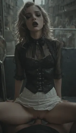 pov, Skinny, (shoulder length, very curly, very silver blonde hair), (moaning, black lipstick, ruined goth makeup), (flat breasts, thin legs), (open white see through shirt, (breasts exposed), black lace-up corset vest, layered white skirt), (city bus full of people), vaginal penetration, <lora:dark:.1>