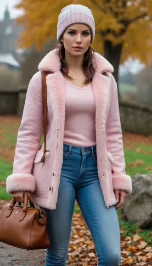 Lara Croft is wearing light blue jeans, a light pink sweater, and a sheepskin coat, she has a warm hat, a lovely handbag, and autumn boots—she is a very beautiful and elegant heroine.