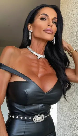 pov close up, fake tits, close up face, very fit body and muscular skinny, sexy hands, showing off lips, long dress, seductive face, skinny fit, anorexic, close up, (Black off-the-shoulder column gown, sculpted waist, diamond stud earrings, delicate tennis bracelet, sleek leather belt, refined, sophisticated, old-money glamour), ((55yo old skin woman)), choker, tattoos, sexy neck, (tan skin), (muscle body:1.3), (beautiful black hair super long hair Jewish milf instagram model face), (fit body), very beautiful, perfect skinny body, perfect face, looking at the camera, perfect eyes, (skinny fit), pretty, snub-nosed, long hair, bmbplora, (crop, top:1), <lora:clothed_small:1.8>, <lora:bimboxl_02:.8>, <lora:ThePitXL:.8>