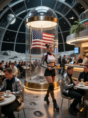 Masterpiece ultra photorealistic cinematic science fiction photography, exceptional optical clarity, dramatic cinematic lighting, immaculate microcontrast, natural film grain, physically accurate reflections, rich amber highlights, deep charcoal shadows, sophisticated silver and bronze color grading, a magnificent futuristic lunar café beneath an immense transparent pressurized glass dome, in the clear foreground at the exact center stands an extraordinary cylindrical museum enclosure made of flawless transparent glass and brushed titanium, immediately recognizable inside it the historic American flag planted by Apollo 11 astronauts, its stars and stripes prominently displayed, slightly weathered, slightly dusty, held outward by its original horizontal support rod, surrounded by an untouched island of gray lunar soil, sharply preserved astronaut bootprints crossing the fine powder, distinct tread patterns illuminated by low museum lights, the enclosure rising from a circular golden metal base with a small understated plaque, this priceless relic dominating the composition while the patrons completely ignore it, absorbed in ordinary social routines, a bustling everyday gathering place filled with dozens of customers enjoying coffee, pastries and lively conversations, elegant visitors wearing futuristic metallic jackets, sleek black technical fabrics, polished boots and discreet illuminated accessories, in foreground a waitresses on rollerblades, highres, very detailed, amazing quality, masterpiece, very aesthetic, particle effect, LunaWF, tan skin, red eyes, cute face, twin buns, asymetrical bangs, sidelocks, blushing, slutty, confident, flirty smile, crop top, sports jersey, miniskirt, thigh socks, stripped socks, upskirt, booty, choker, looking back at viewer, walking away, holding tray of drinks, pussy, gaping pussy, anus, gaping anus, crowded, tvs, sports, sports bar, neon lights, people chatting across gleaming round tables, servers navigating crowded aisles, baristas working behind a radiant curved counter, luminous floating menus and delicate suspended greenery adding warmth to the advanced architecture, guests sipping steaming coffee from futuristic ceramic cups, others laughing, reading translucent screens and gesturing casually, meticulous facial detail and believable candid body language, reflections of people and ceiling lights flowing across the exhibit glass without hiding the flag, sweeping curved structural ribs overhead with continuous warm light strips, polished stone floors mirroring figures and glowing edges, outside the dome a silent lunar wilderness with rugged craters, pale mountains, distant habitation complexes and tiny hovering transport craft, in background the Earth suspended against a pure black starless sky, subtle atmospheric depth inside, authentic lunar dust and nuanced textiles, profound history treated as ordinary background scenery, epic cinematic realism with believable everyday life.