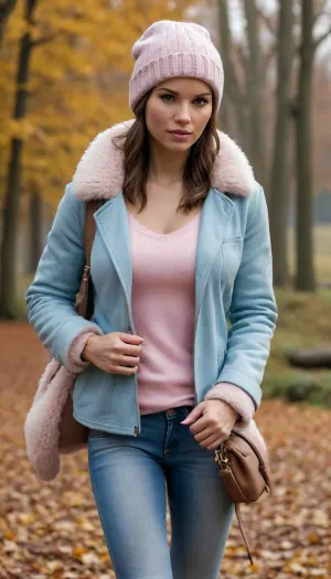 Lara Croft is wearing light blue jeans, a light pink sweater, and a sheepskin coat, she has a warm hat, a lovely handbag, and autumn boots—she is a very beautiful and elegant heroine.
