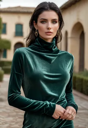 (masterpiece, best quality:1.2), 1 french 25yo woman, fashion influencer, (she wears a baggy faded green longsleeve cowl neckline velvet minidress:1.4), outside a luxury villa, slicked-back straight raven black hair, (modern styled with jewelry, earrings, bangles:1.4), bright blue eyes, big dark areolas, photorealism, <lora:style_lora_realis:.5>, <lora:slicked-back_hair-000006:.5>