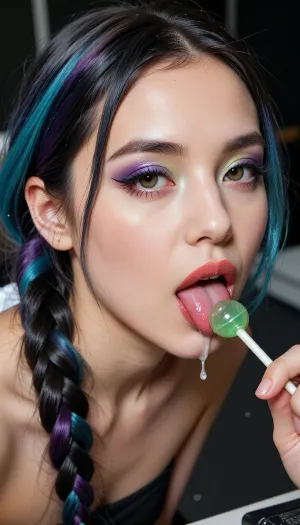 BULOT COLYG, Beautiful Japanese girl, 25 years old, cute, slender, ((arched back)), (flirty), (red lipstick), (cum dripping out of mouth:1.4), one very long tight high braided medium black pony tail, masterpiece, 🐶💦💕🪄, An extreme candid macro photograph focusing on the slightly parted lips of a person holding a green lollipop, An close-up beauty portrait of a young woman focusing sharply on her eyes and makeup She has multi-tonal dyed hair blending electric cyan, deep purple, and vivid blue. Her pride makeup features iridescent satin eyeshadow with bright lime-green and aqua shimmer on the inner mobile lids, blended out into a vibrant violet-magenta cut-crease and soft lower-lash smoked liner. Her eyes have bright, detailed hazel-green irises with crisp limbal rings and delicate wispy upper lashes. She wears smooth metallic fuchsia lipstick and subtle cheek highlight. She has delicate hyper-feminine facial features and an elegant neckline.. Clean studio portrait lighting, high micro-contrast, 85mm lens, shallow depth of field with soft dark background., (((beautiful face))), deeply tanned, perfect eyes, asian, very beautiful, most beautiful and attractive sexy body, ((pale skin)), (small breasts), nipples visible, necklace, perfect face, (fucked by large man on top of office desk), missionary position, cum in pussy, very short black mini skirt, (white button-up collared shirt), eyes closed, side view